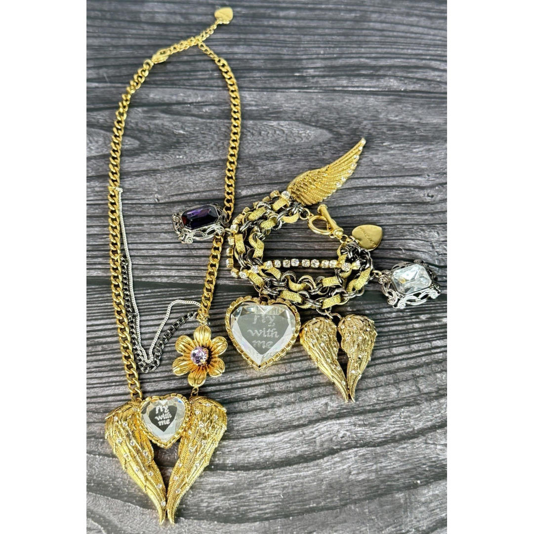 Vintage Betsey Johnson 'Fly With Me' Gold Angel Wing Necklace & Bracelet Set